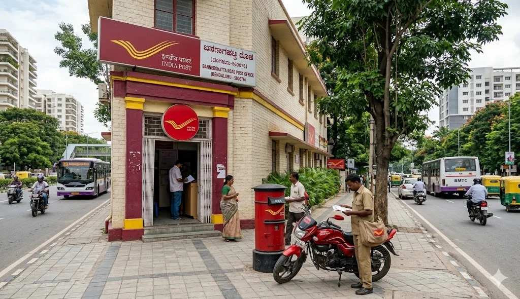 Exterior view of the India Post Office located on Bannerghatta Main Road near Gottigere and Nice Road junction.